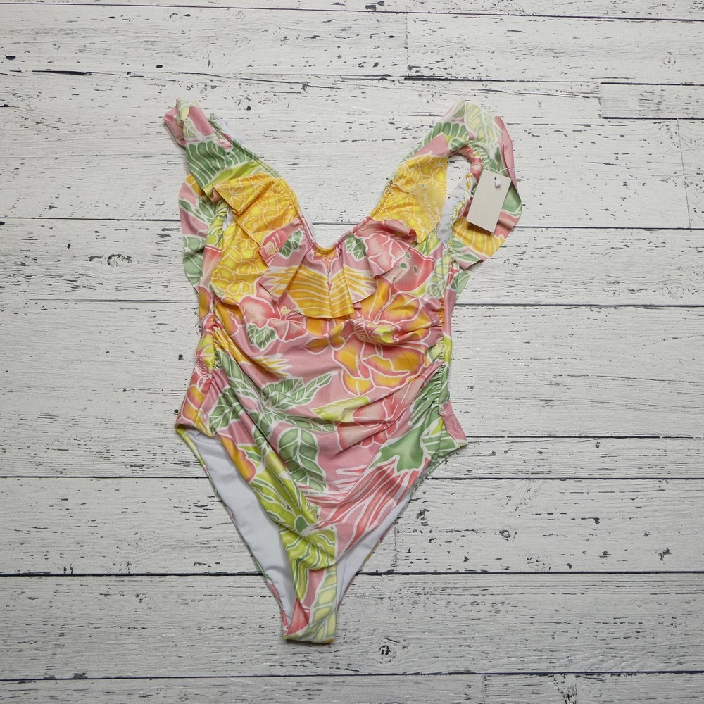 Watercolors by Kenny Flowers Swimsuit Womens Small One Piece Ruffle Floral